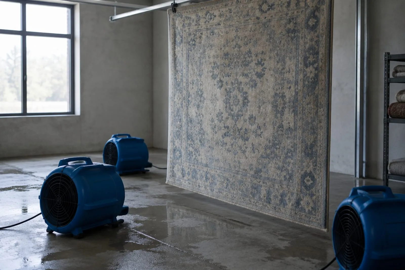 Rug hanging in a drying room with air movers