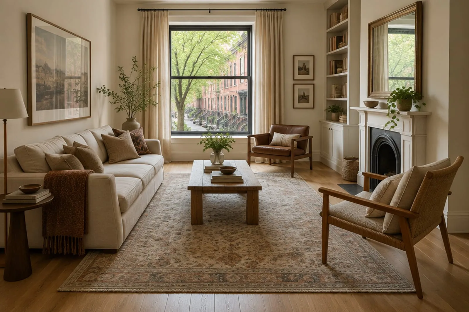 Area rug in a compact apartment with wide-plank floors, the kind of home found in West Village, Manhattan