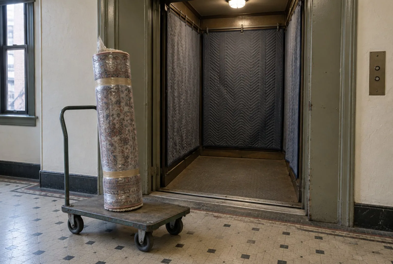 A wrapped rug on a flat trolley in front of an open prewar service elevator