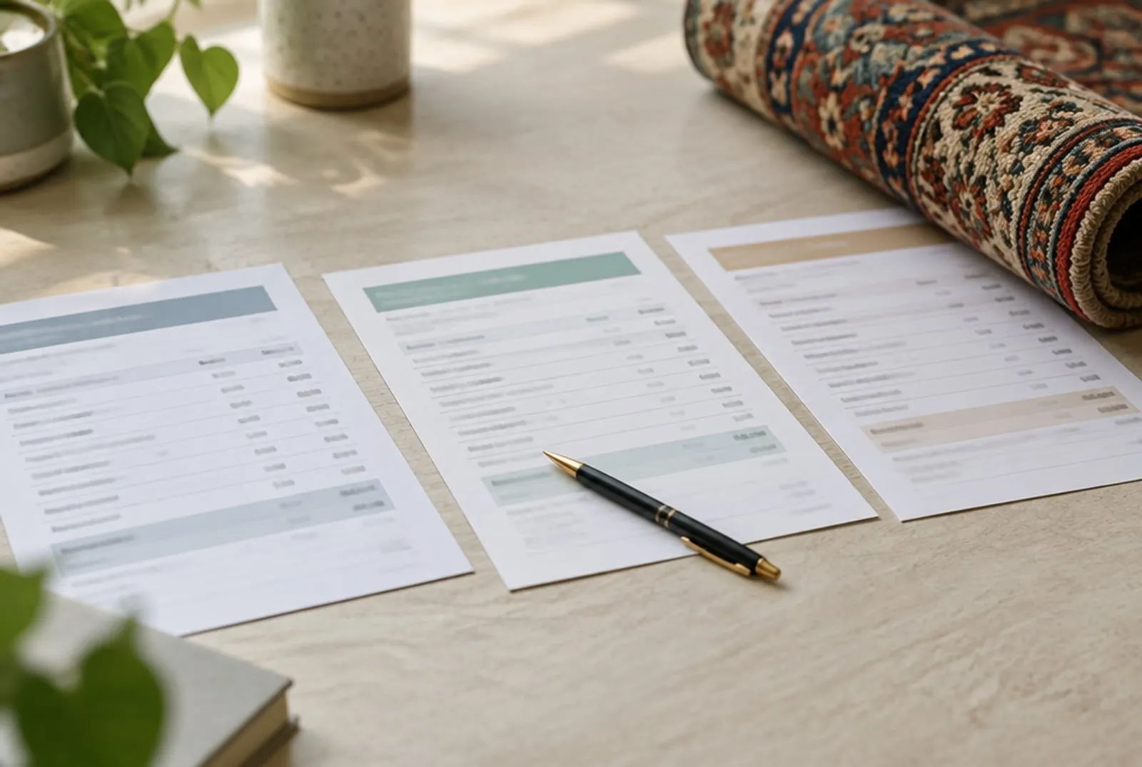 Three printed cleaning quotes laid side by side on a table beside a rolled rug