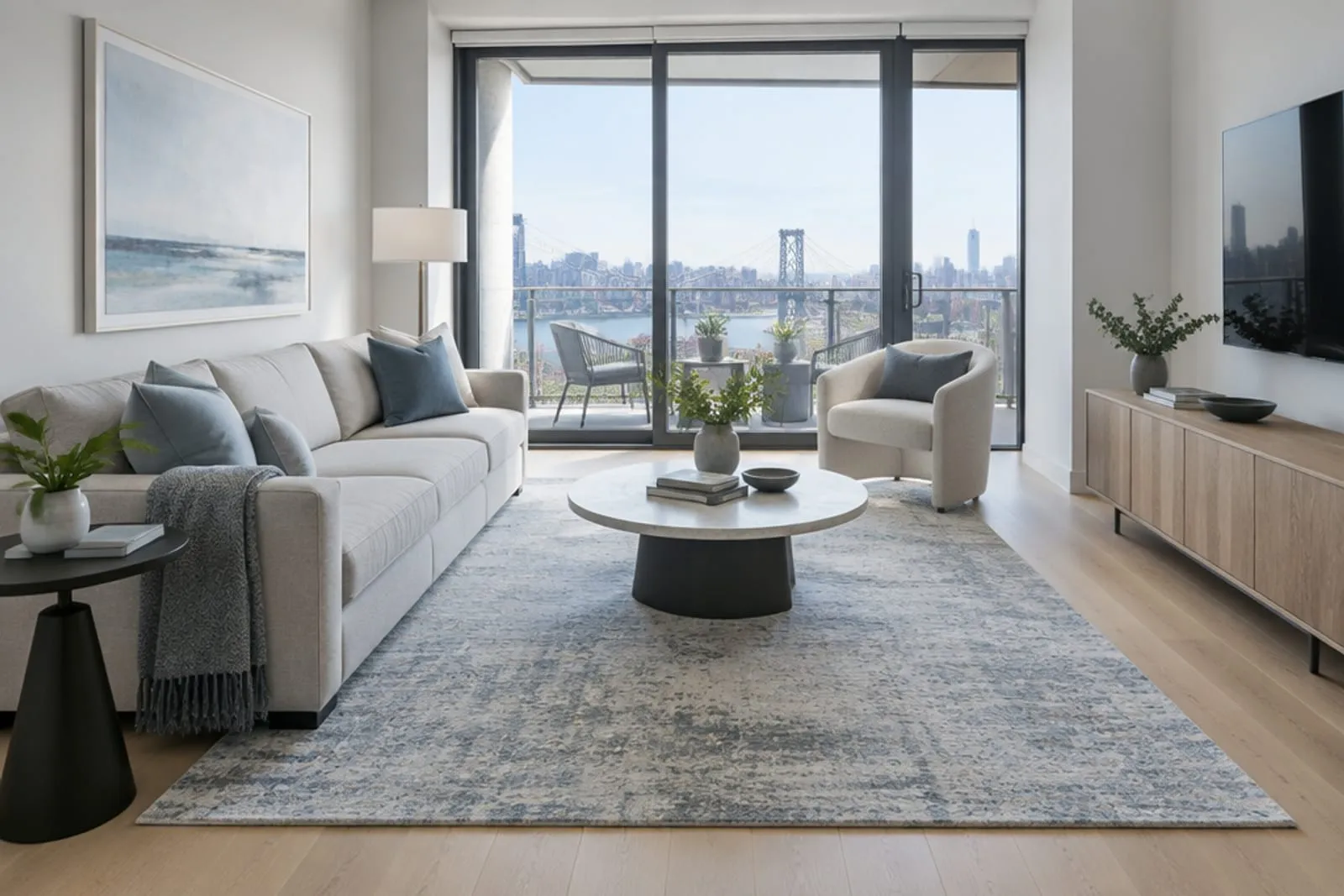 Area rug in a new-build condo with pale oak floors, the kind of home found in Williamsburg, Brooklyn