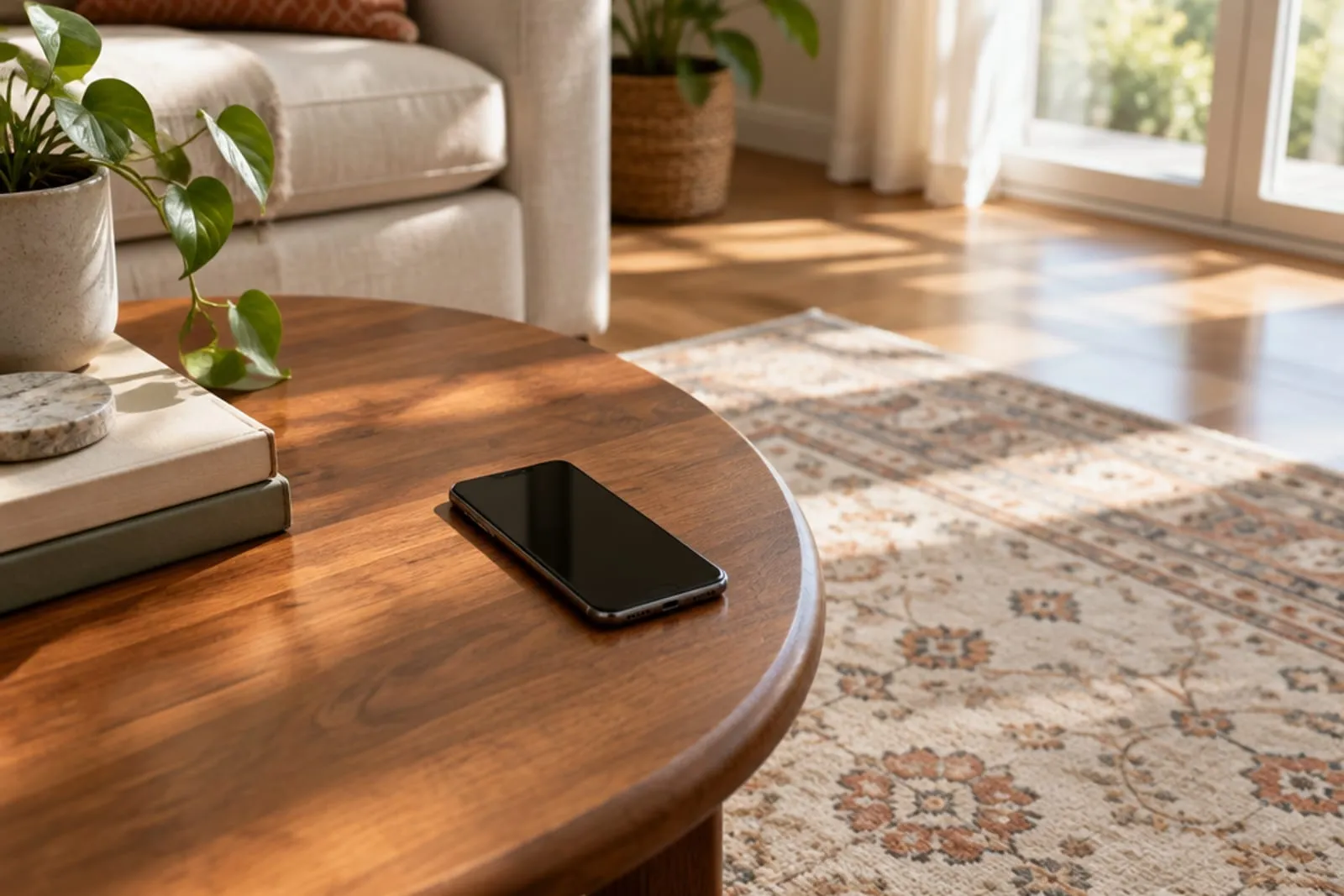 A phone resting on a coffee table beside a clean patterned rug in a sunlit living room