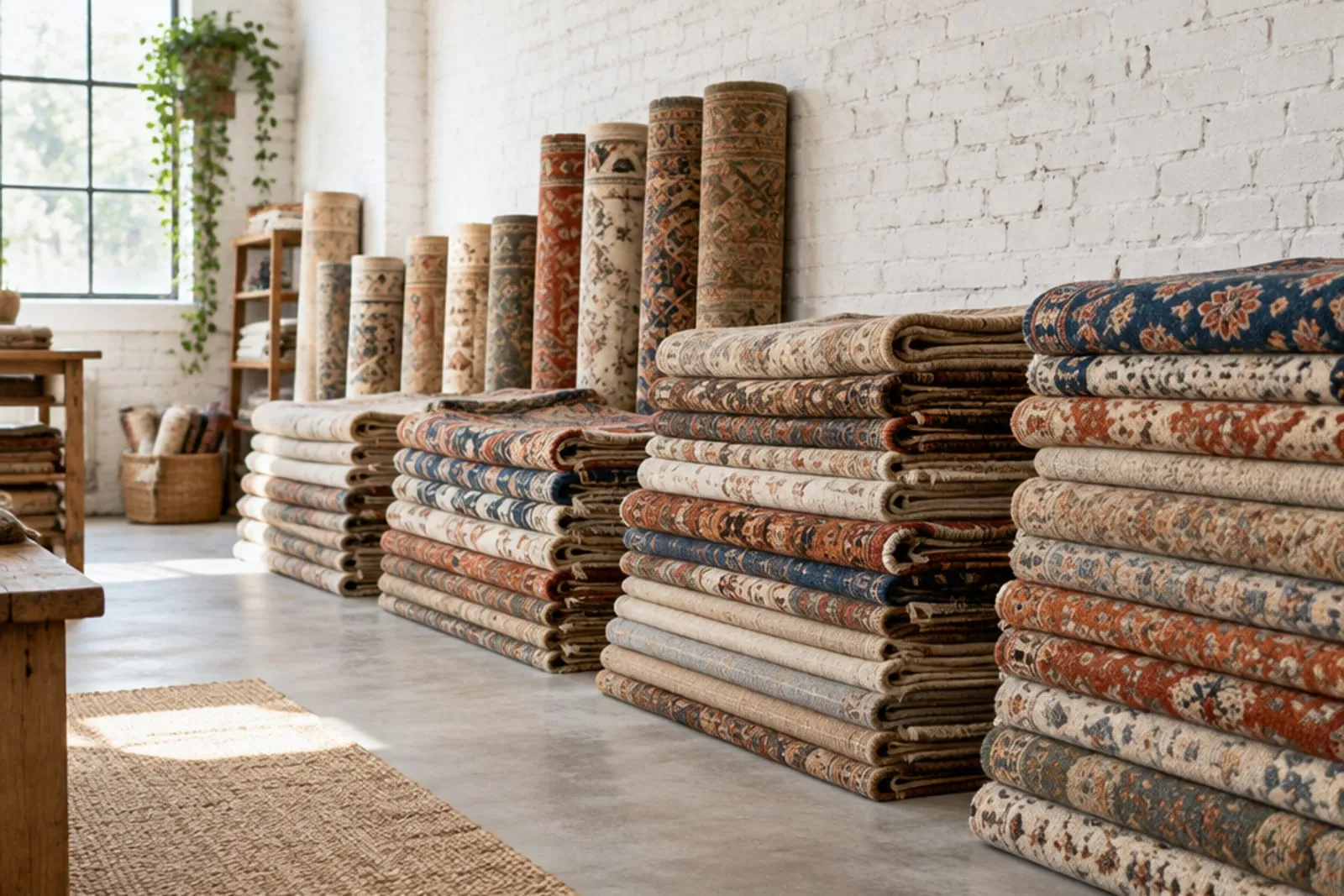 Rolled and folded rugs stacked and sorted by size in a bright workshop